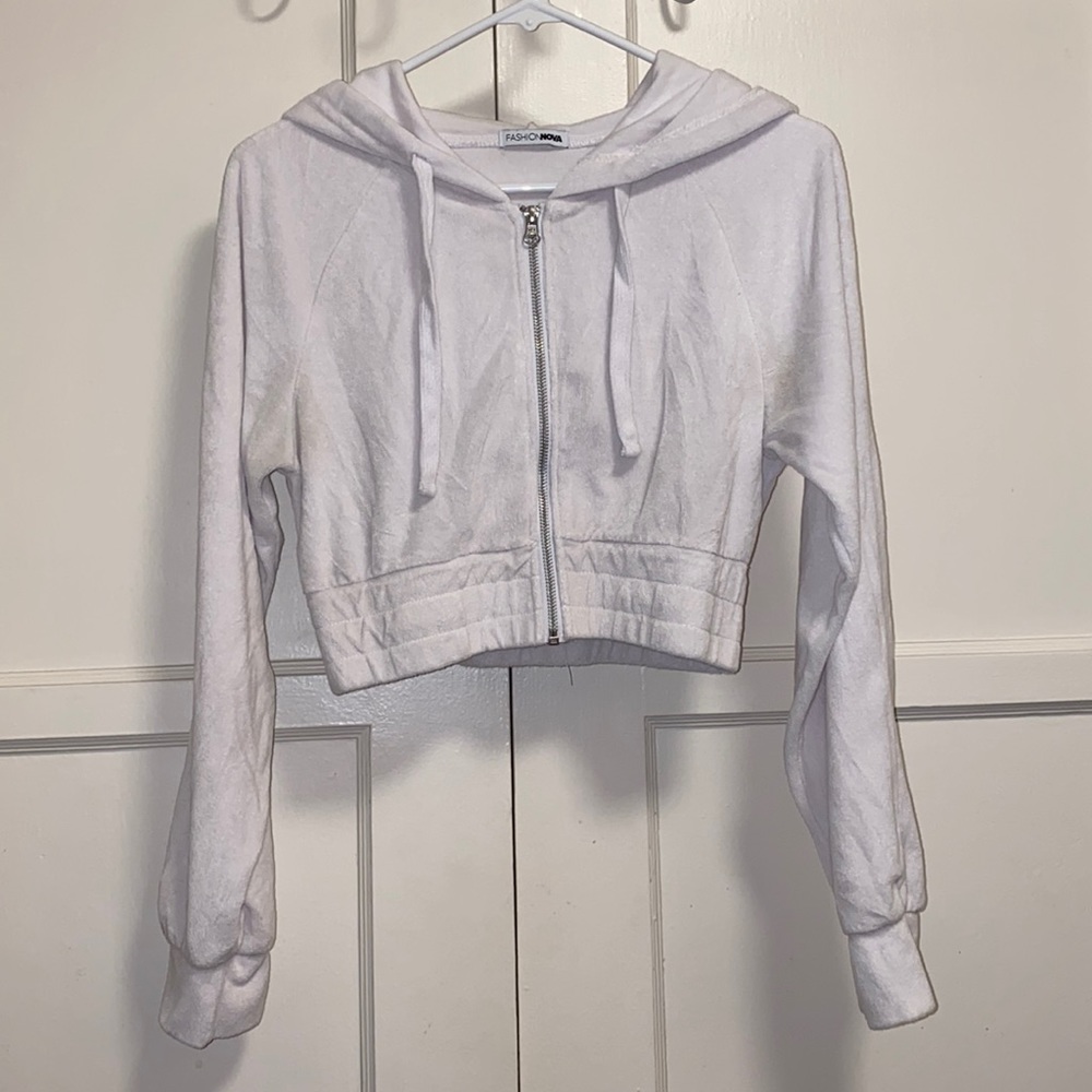 Fashion Nova Small White Terry Cloth Long Sleeve Crop Top Hoodie & Pants
